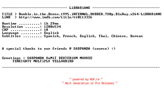 NFO for the release Rumble.in.the.Bronx.1995.iNTERNAL.DUBBED.720p.BluRay.x264-LiBRARiANS by LiBRARiANS