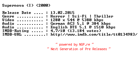 NFO for the release Supernova.2000.GERMAN.AC3D.DL.720p.BluRay.x264-COOLHD by COOLHD