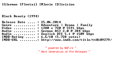 NFO for the release Black.Beauty.1994.GERMAN.AC3D.DL.720p.BluRay.x264-GPMD by GPMD
