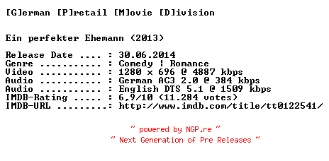 NFO for the release Ein.perfekter.Ehemann.1999.GERMAN.AC3D.DL.720p.BluRay.x264-GPMD by GPMD