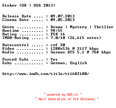 NFO for the release Stoker.2013.German.720p.BluRay.x264-EXQUiSiTE by EXQUiSiTE