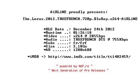 NFO for the release The.Lorax.2012.TRUEFRENCH.720p.BluRay.x264-AiRLiNE by AiRLiNE