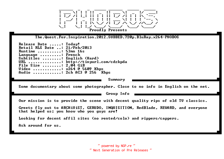 NFO for the release The.Quest.For.Inspiration.2012.SUBBED.720p.BluRay.x264-PHOBOS by PHOBOS