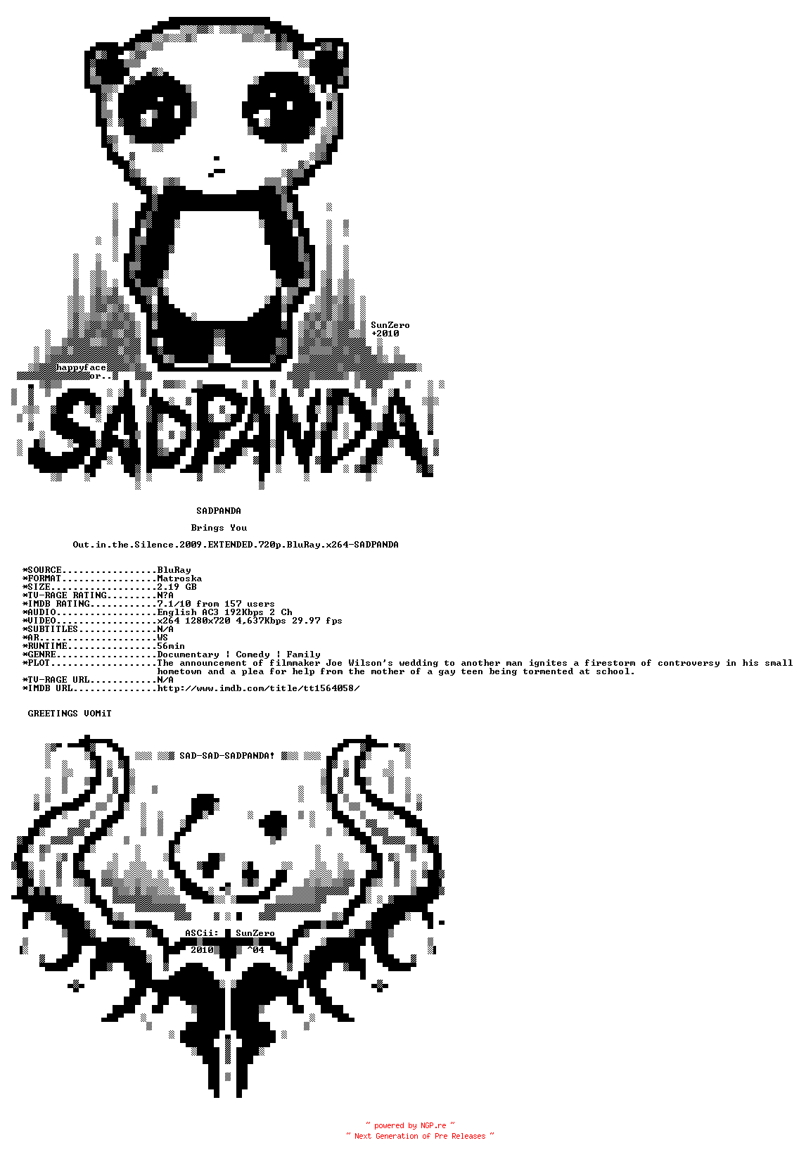 NFO for the release Out.in.the.Silence.2009.EXTENDED.720p.BluRay.x264-SADPANDA by SADPANDA