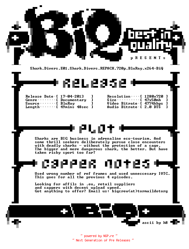 NFO for the release Shark.Divers.E01.Shark.Divers.REPACK.720p.BluRay.x264-BiQ by BiQ