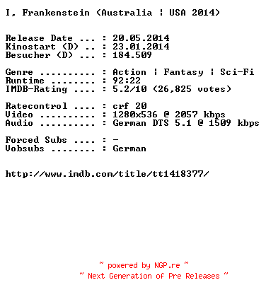 NFO for the release I.Frankenstein.German.720p.BluRay.x264-EXQUiSiTE by EXQUiSiTE