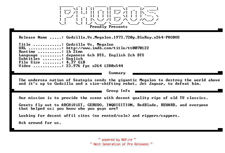 NFO for the release Godzilla.Vs.Megalon.1973.720p.BluRay.x264-PHOBOS by PHOBOS
