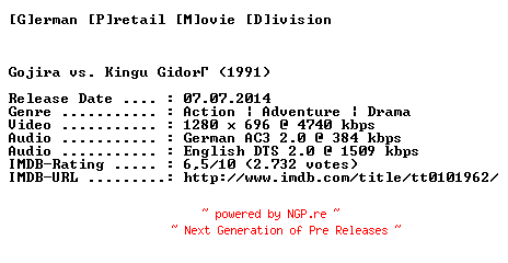 NFO for the release Godzilla.Duell.der.Megasaurier.1991.GERMAN.AC3D.DL.720p.BluRay.x264-GPMD by GPMD