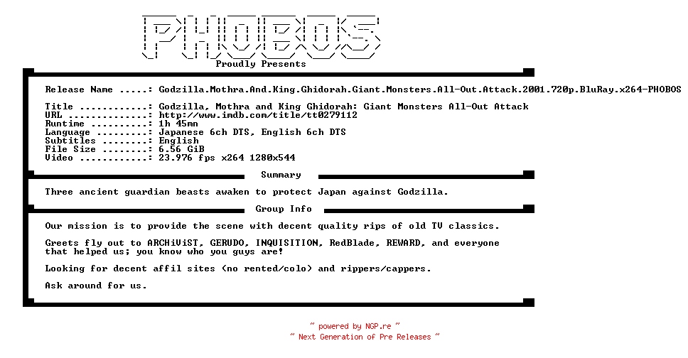 NFO for the release Godzilla.Mothra.And.King.Ghidorah.Giant.Monsters.All-Out.Attack.2001.720p.BluRay.x264-PHOBOS by PHOBOS