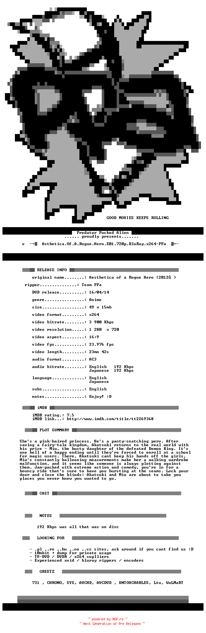 NFO for the release Asthetica.Of.A.Rogue.Hero.E01.720p.BluRay.x264-PFa by PFa
