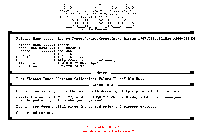 NFO for the release Looney.Tunes.A.Hare.Grows.In.Manhattan.1947.720p.BluRay.x264-DEiMOS by DEiMOS