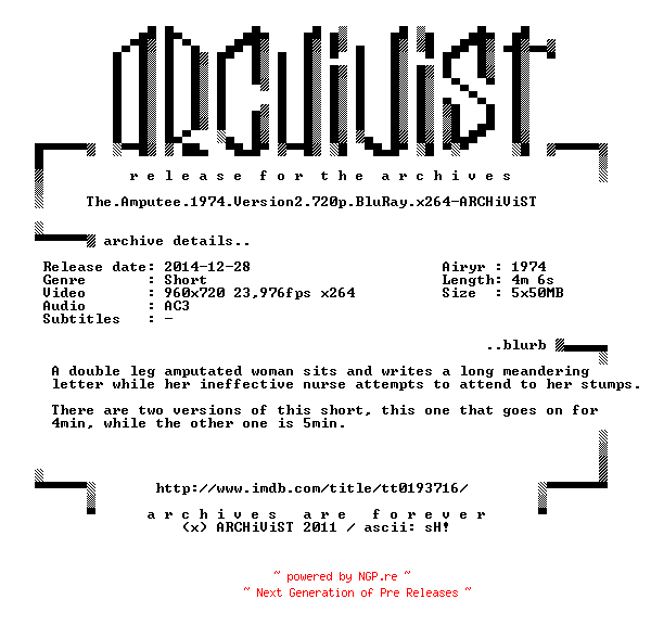 NFO for the release The.Amputee.1974.Version2.720p.BluRay.x264-ARCHiViST by ARCHiViST
