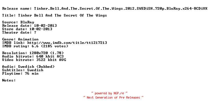 NFO for the release Tinker.Bell.And.The.Secret.Of.The.Wings.2012.SWEDiSH.720p.BluRay.x264-RCDiVX by RCDiVX