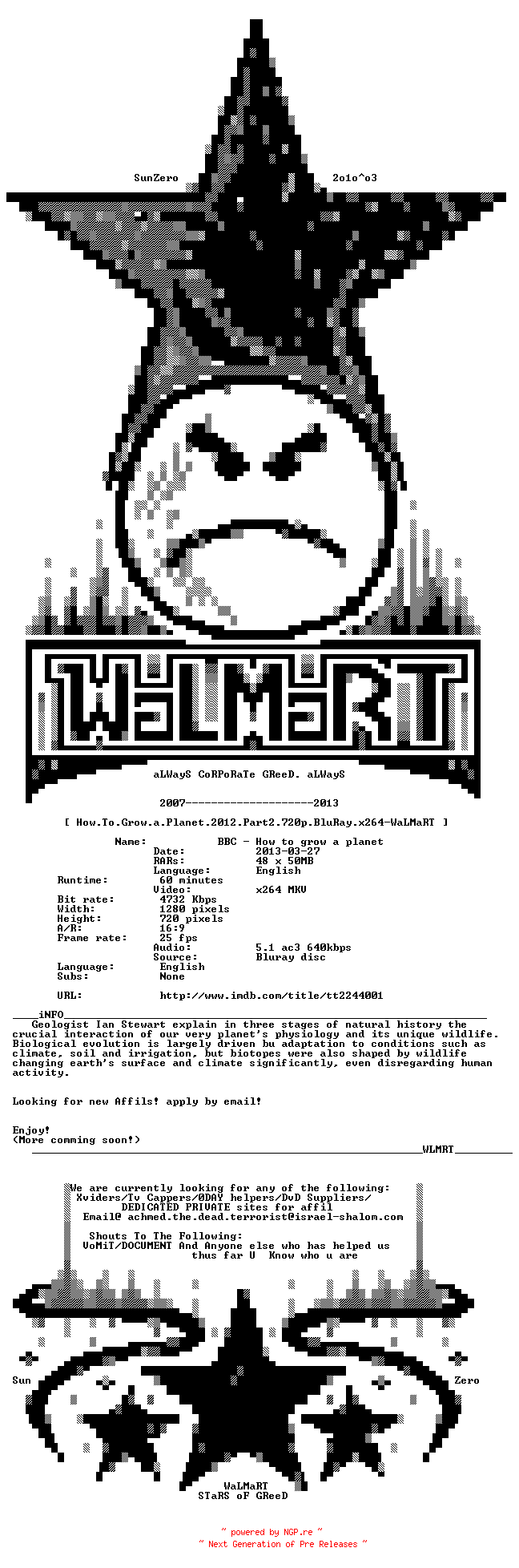 NFO for the release How.To.Grow.a.Planet.2012.Part2.720p.BluRay.x264-WaLMaRT by WaLMaRT