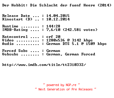 NFO for the release Der.Hobbit.Die.Schlacht.der.fuenf.Heere.German.720p.BluRay.x264-EXQUiSiTE by EXQUiSiTE