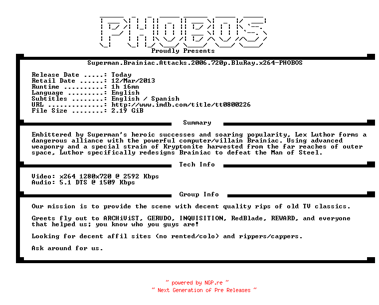 NFO for the release Superman.Brainiac.Attacks.2006.720p.BluRay.x264-PHOBOS by PHOBOS