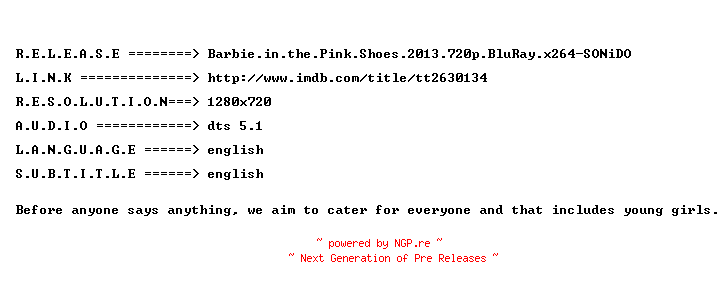 NFO for the release Barbie.in.the.Pink.Shoes.2013.720p.BluRay.x264-SONiDO by SONiDO