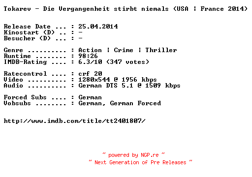 NFO for the release Tokarev.Die.Vergangenheit.stirbt.niemals.2014.German.720p.BluRay.x264-EXQUiSiTE by EXQUiSiTE