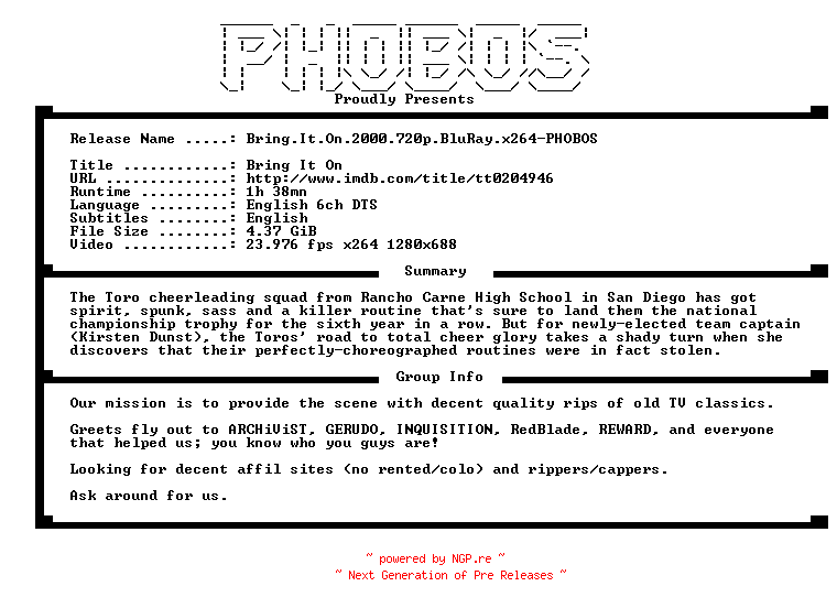 NFO for the release Bring.It.On.2000.720p.BluRay.x264-PHOBOS by PHOBOS