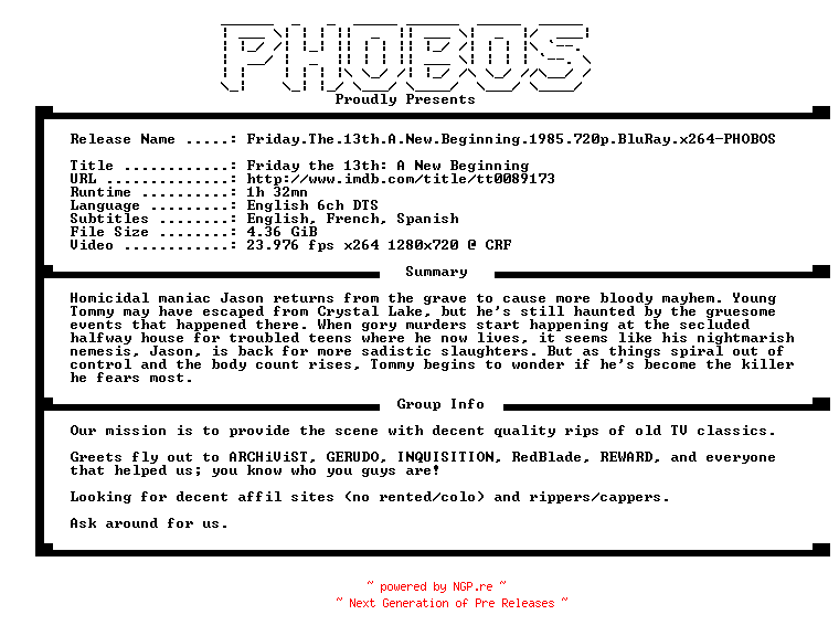 NFO for the release Friday.The.13th.A.New.Beginning.1985.720p.BluRay.x264-PHOBOS by PHOBOS