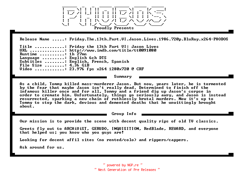 NFO for the release Friday.The.13th.Part.VI.Jason.Lives.1986.720p.BluRay.x264-PHOBOS by PHOBOS