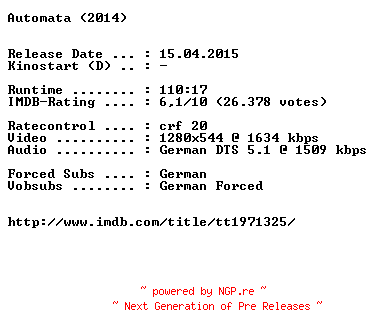 NFO for the release Automata.2014.German.720p.BluRay.x264-EXQUiSiTE by EXQUiSiTE