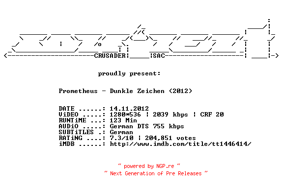 NFO for the release Prometheus.Dunkle.Zeichen.German.720p.BluRay.x264-CONFiDENT by CONFiDENT