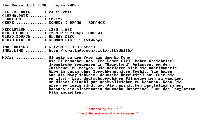NFO for the release The.Ramen.Girl.2008.German.720p.BluRay.x264-PRiViLEGED by PRiViLEGED