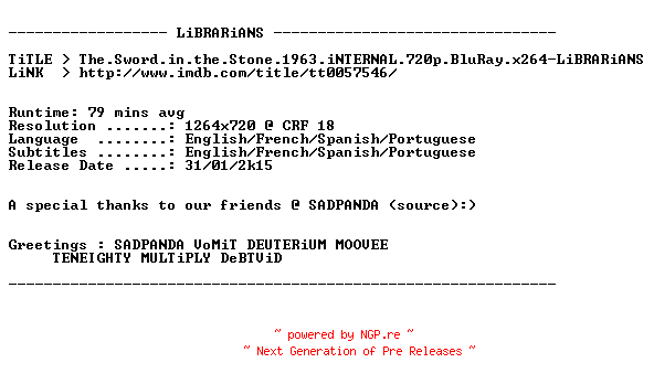 NFO for the release The.Sword.in.the.Stone.1963.iNTERNAL.720p.BluRay.x264-LiBRARiANS by LiBRARiANS