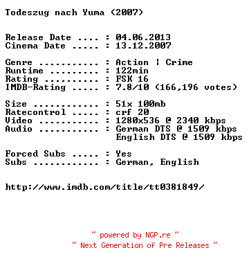 NFO for the release Todeszug.nach.Yuma.2007.German.DL.720p.BluRay.x264.iNTERNAL-1aQuali by 1aQuali