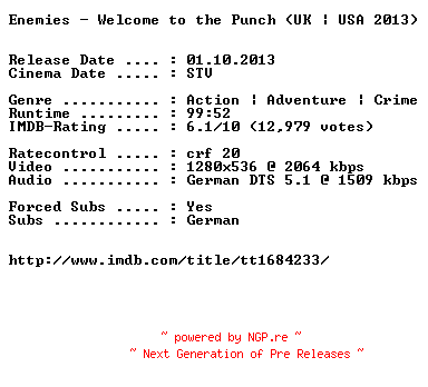 NFO for the release Enemies.Welcome.to.the.Punch.2013.German.720p.BluRay.x264-EXQUiSiTE by EXQUiSiTE