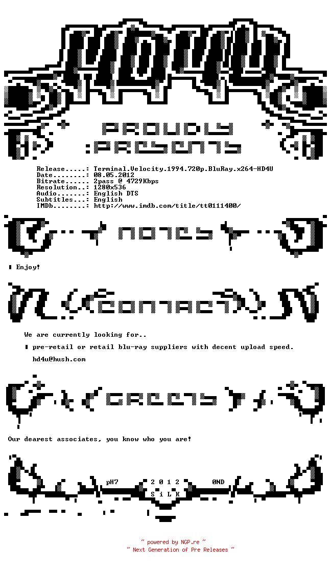 NFO for the release Terminal.Velocity.1994.720p.BluRay.x264-HD4U by HD4U