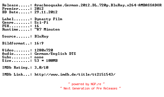 NFO for the release Arachnoquake.German.2012.DL.720p.BluRay.x264-AMBASSADOR by AMBASSADOR