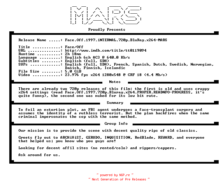NFO for the release Face.Off.1997.iNTERNAL.720p.BluRay.x264-MARS by MARS