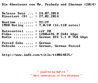 NFO for the release Die.Abenteuer.von.Mr.Peabody.and.Sherman.German.720p.BluRay.x264-EXQUiSiTE by EXQUiSiTE