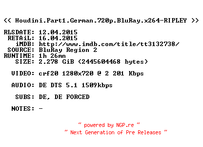 NFO for the release Houdini.Part1.German.720p.BluRay.x264-RIPLEY by RIPLEY