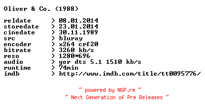 NFO for the release Oliver.und.Co.1988.German.720p.BluRay.x264-CONTRiBUTiON by CONTRiBUTiON