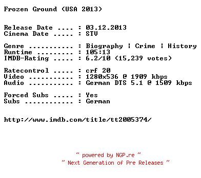 NFO for the release Frozen.Ground.2013.German.720p.BluRay.x264-EXQUiSiTE by EXQUiSiTE
