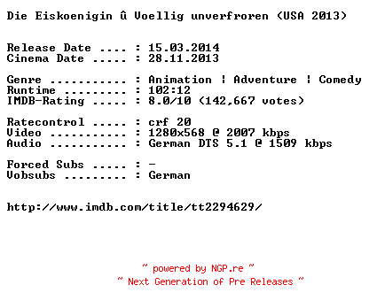 NFO for the release Die.Eiskoenigin.Voellig.unverfroren.German.720p.BluRay.x264-EXQUiSiTE by EXQUiSiTE