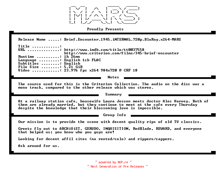 NFO for the release Brief.Encounter.1945.iNTERNAL.720p.BluRay.x264-MARS by MARS