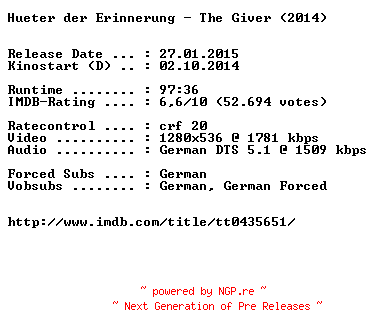 NFO for the release Hueter.der.Erinnerung.The.Giver.German.720p.BluRay.x264-EXQUiSiTE by EXQUiSiTE