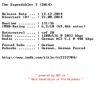 NFO for the release The.Expendables.3.EXTENDED.German.720p.BluRay.x264-EXQUiSiTE by EXQUiSiTE