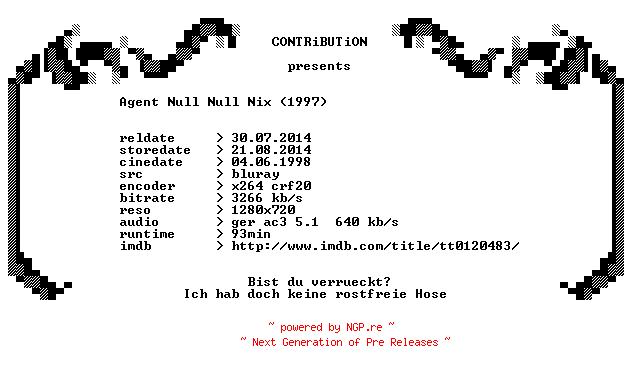 NFO for the release Agent.Null.Null.Nix.1997.German.720p.BluRay.x264-CONTRiBUTiON by CONTRiBUTiON