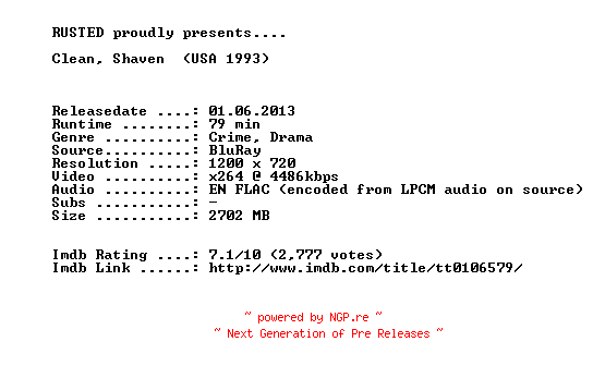 NFO for the release Clean.Shaven.1993.720p.BluRay.x264-RUSTED by RUSTED