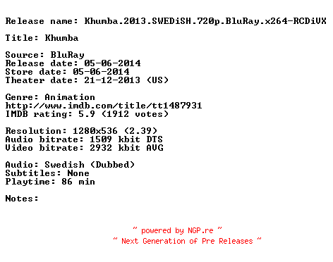 NFO for the release Khumba.2013.SWEDiSH.720p.BluRay.x264-RCDiVX by RCDiVX