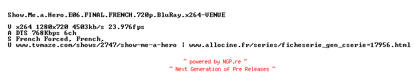 NFO for the release Show.Me.a.Hero.E06.FINAL.FRENCH.720p.BluRay.x264-VENUE by VENUE