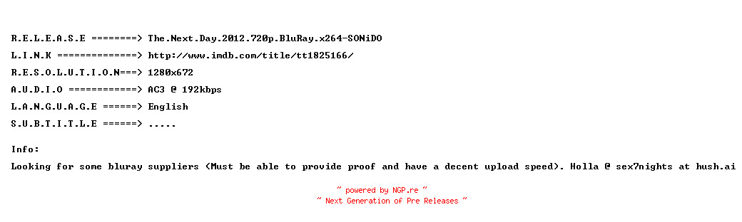 NFO for the release The.Next.Day.2012.720p.BluRay.x264-SONiDO by SONiDO