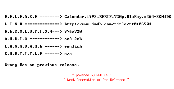 NFO for the release Calendar.1993.RERIP.720p.BluRay.x264-SONiDO by SONiDO