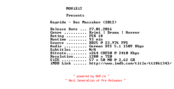 NFO for the release Hayride.Das.Massaker.2012.GERMAN.720p.BluRay.x264-MOViEiT by MOViEiT