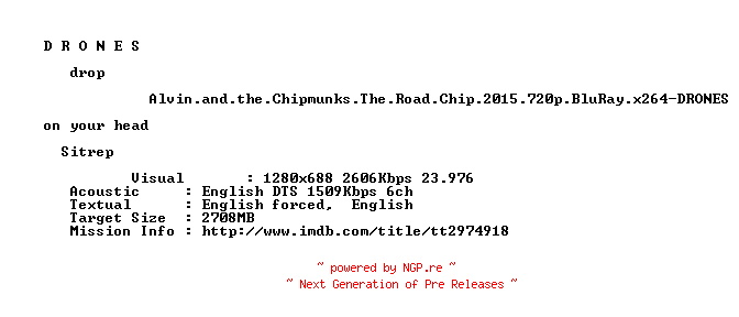 NFO for the release Alvin.and.the.Chipmunks.The.Road.Chip.2015.720p.BluRay.x264-DRONES by DRONES